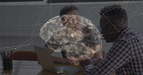 Team Collaborating on Cybernetic Brain Hologram Concept in Modern Office