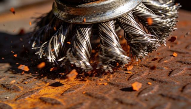 Rotating wire cup brush removing rust from steel diamond plate, sparks flying
