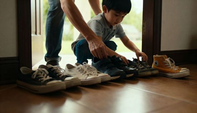 Child arranging sneakers by front door with caregiver, warm family morning routine