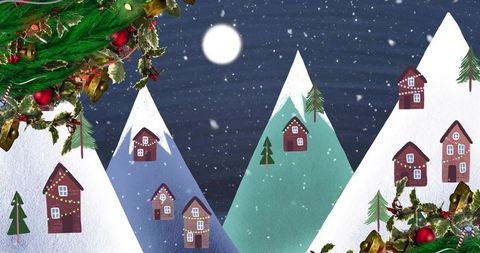Moonlit snowy mountain village glowing with festive garlands and cozy lit cabins