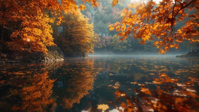 Serene Autumn Lake with Reflecting Orange Foliage at Dawn