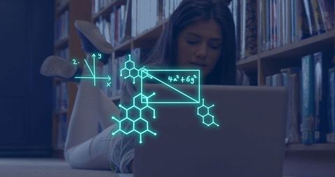Student engaged in online learning with mathematical equations overlay