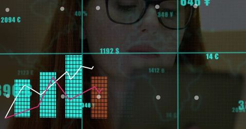 Woman analyzing finance charts on smartphone at office desk