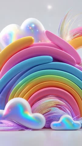 Looping vertical rainbow animation with iridescent clouds and pastel 3D arches