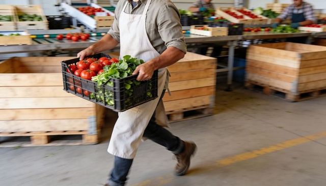 Worker carrying crate of fresh tomatoes and greens through busy produce packing line