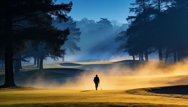 Walking solo golfer on misty dawn fairway with flagstick silhouette among pine trees