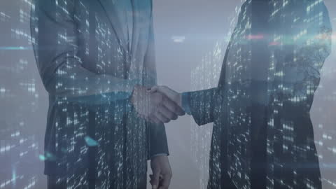 Digital Business Agreement: Business Team Shaking Hands with City Overlay