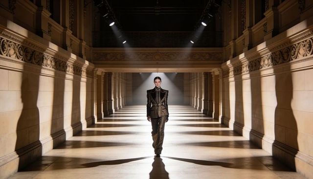 Model Walking Neoclassical Colonnade Wearing Embellished Couture Suit Beneath Spotlights