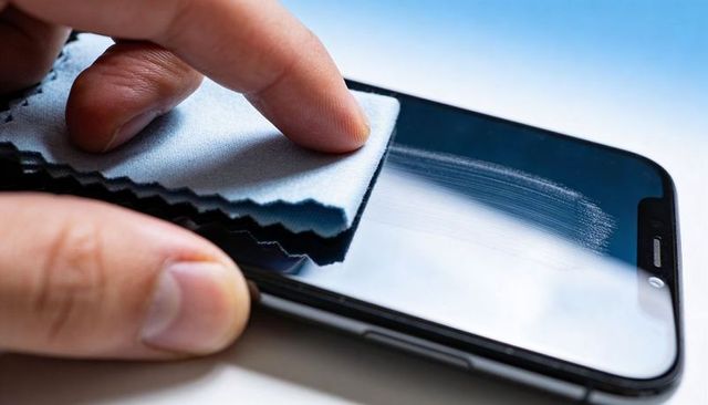 Finger wiping smartphone screen with microfiber cloth removing smudges and fingerprints