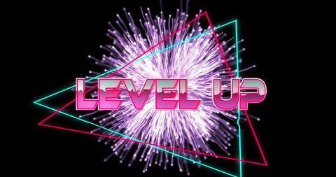 Neon level up text with fireworks and triangle outline