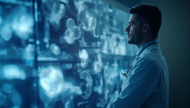 Radiologist studying ai-powered mri and ct wall display analyzing patient brain scans