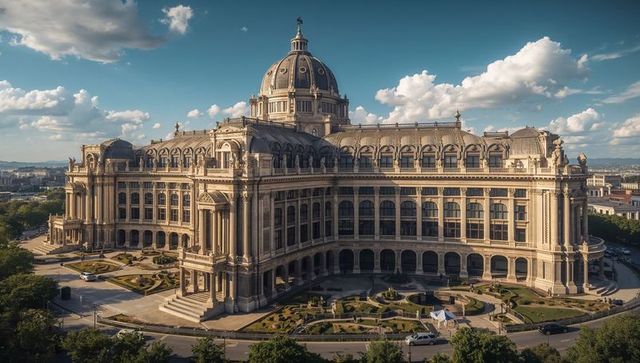 Beaux-arts domed palace bathing in sunset light with forecourt gardens and stone columns