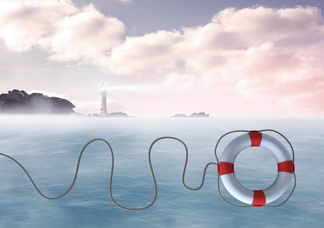 Digital composition of lifebuoy and with rope in mid air against sea and lighthouse in background
