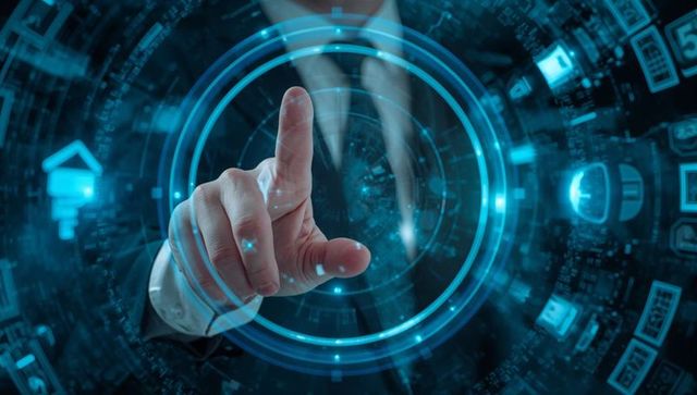 Executive touching futuristic holographic interface for ai data dashboard and analytics