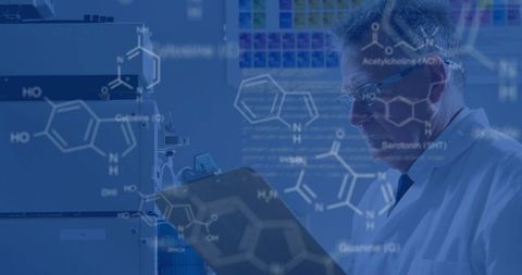 Scientist Reading Clipboard with Chemical Formulas Overlay