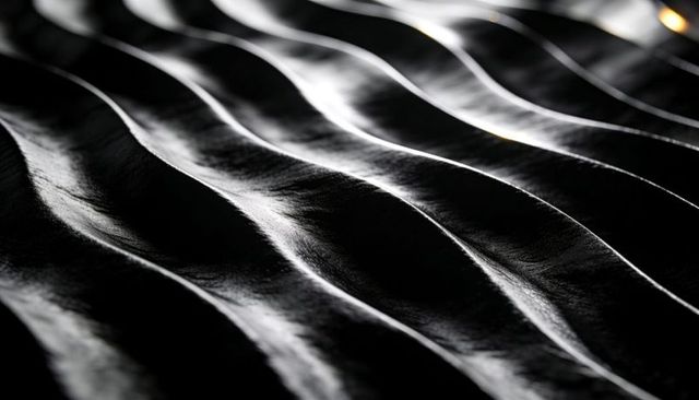 Glossy Black Rippling Surface Capturing Diagonal Light Crests and Deep Shadows