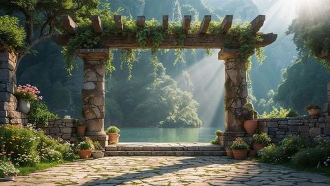 Serene stone pergola with lakeside mountain view