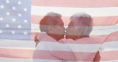 Senior Couple Embracing Behind Transparent American Flag
