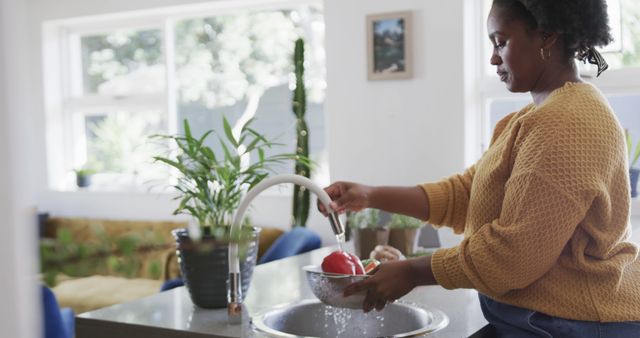 Smiling Woman Washing Vegetables in Bright Modern Kitchen - Download Free Stock Images Pikwizard.com