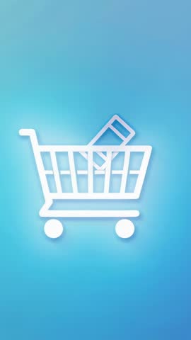 Vertical ecommerce UI animation showing glowing shopping cart scaling on cyan-blue gradient
