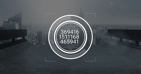 Futuristic circular hud interface on urban rooftop skyline