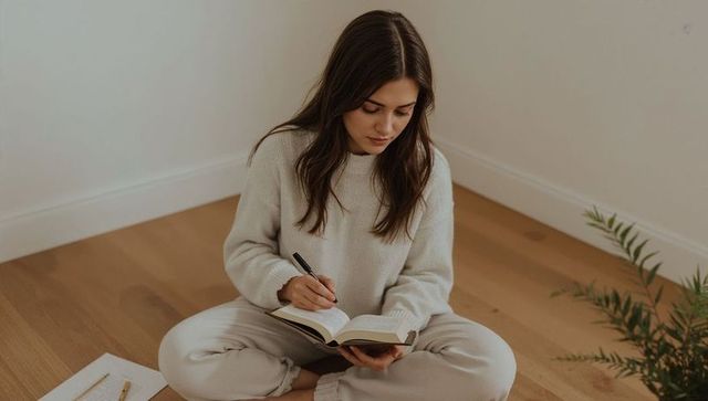 Young woman journaling on floor in minimalist neutral corner, cozy sweater and sweatpants