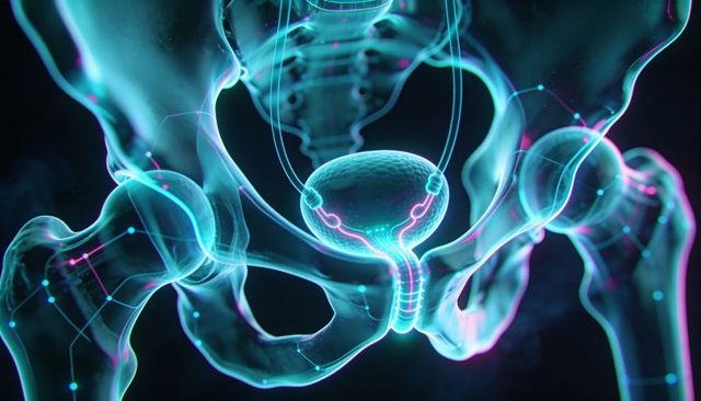 Translucent pelvis highlighting bladder and urethra with neon network 3d visualization