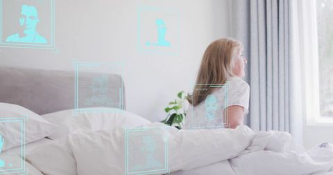 Caucasian Woman in Hospital Setting with Digital Facial Recognition Interface