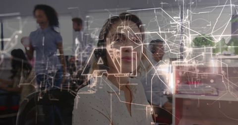 Customer Service Agent Wearing Headset Taking Calls with AI Data Overlay in Open Office