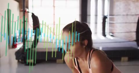 Woman Boxer Catching Breath After Round in Gym with Live Performance Waveform Overlay