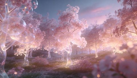 Glowing glass cherry trees in dreamlike pastel grove with floating bubble orbs at twilight
