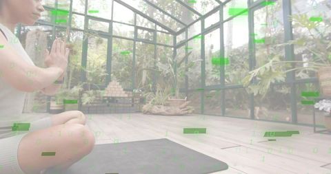 Woman Practicing Meditation in Sunroom Surrounded by Indoor Plants and Natural Light