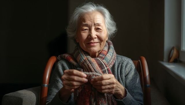 Senior Asian Woman Knitting Scarf by Window in Cozy Armchair