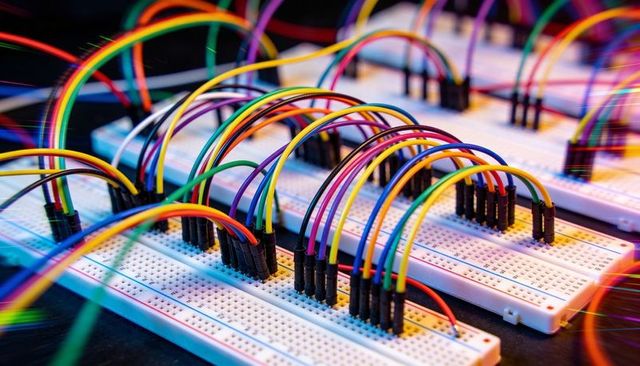 Colorful jumper wires arching over solderless breadboards for electronics prototyping