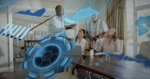 Diverse team collaborating at home dining table with augmented reality charts and laptop