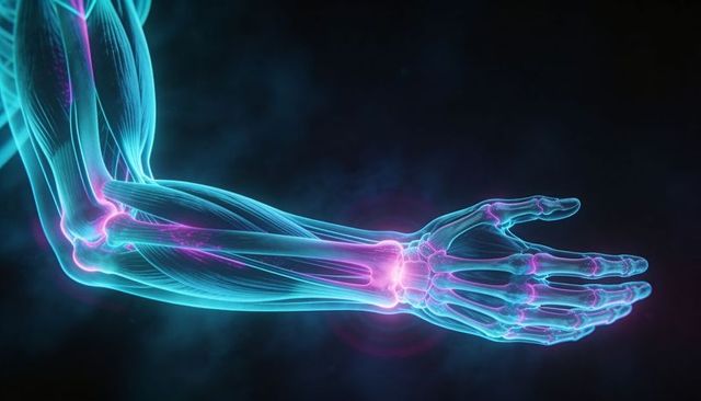 Translucent neon forearm and hand anatomy with highlighted joints and muscles