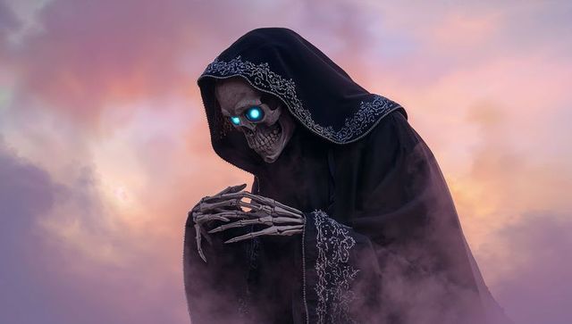 Skeletal figure at dusk with glowing eyes in mystical fog