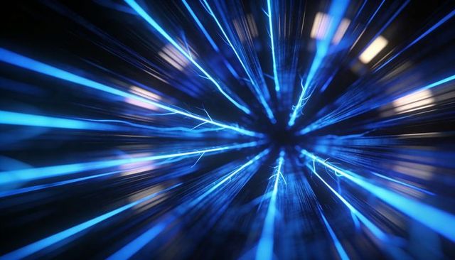 Pulsing blue light burst radiating electric streaks through dark tunnel