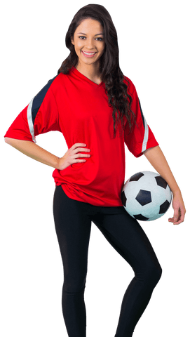 Happy Female Soccer Player Holding Ball on Transparent Background