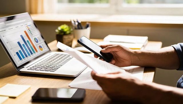 Analyzing financial charts on laptop while reviewing documents and using smartphone