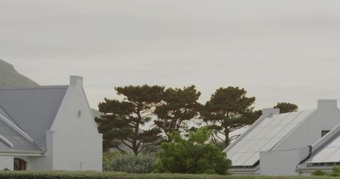 White gabled homes with solar panels and metal roofs in green coastal suburban landscape
