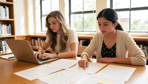 College students collaborating on research and notes in sunlit library