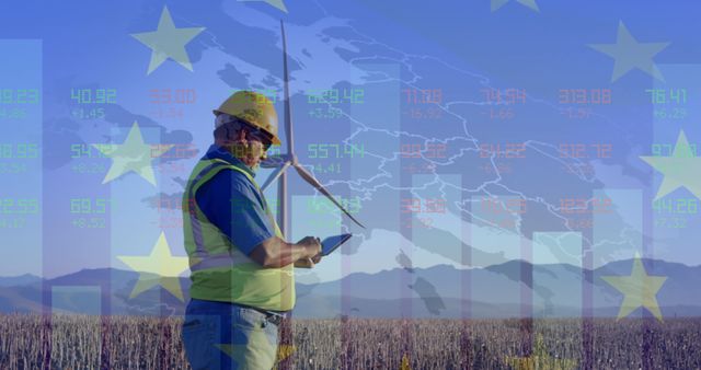 Engineer Inspecting Wind Turbine with European Union Energy Overlay - Download Free Stock Images Pikwizard.com