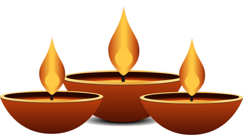 Three glowing clay oil lamps with stylized flames on transparent background
