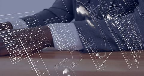 Business executive manipulating holographic finance dashboards displaying global analytics