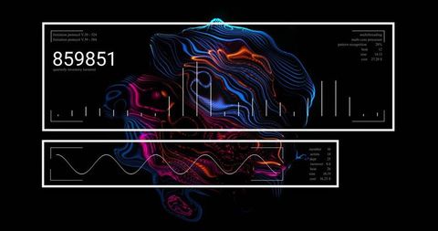 Neon topographic hud visualizing pulsing brainlike data flow on black futuristic dashboard