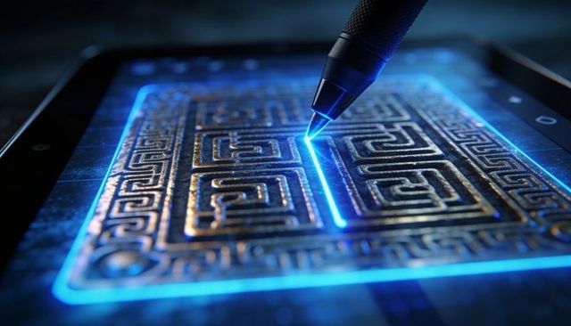 Tracing neon-blue laser through metallic labyrinth on tablet with glowing stylus