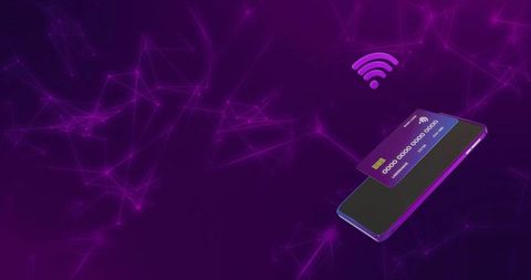 Purple smartphone holding contactless EMV card over neon tech network for mobile payment