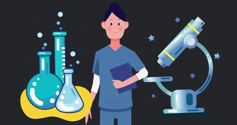 Animated Scientist with Microscopic Tools and Beakers