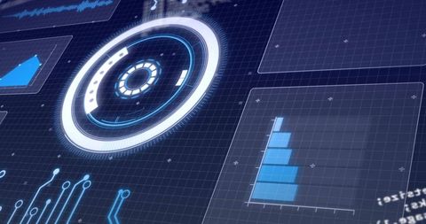Futuristic Holographic HUD Dashboard with Circular Gauge and Blue Data Visualizations